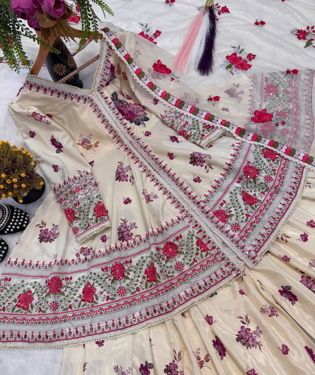 Ivory Beige Floral Couture Sharara Set - Festive Wear
